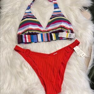 Anne Cole NWT M Colorful Striped TOP & Aerie L ribbed SEXY BOTTOMS Bikini Set